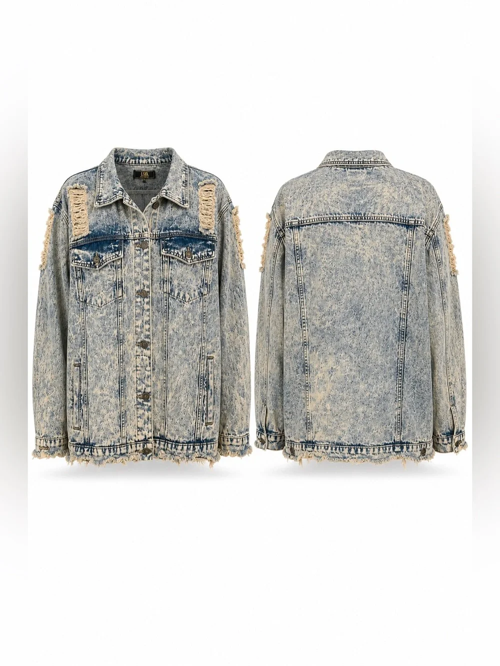 I&B Icky & Blessed Denim Jacket Womens L Acid Wash Distressed Oversized Frayed